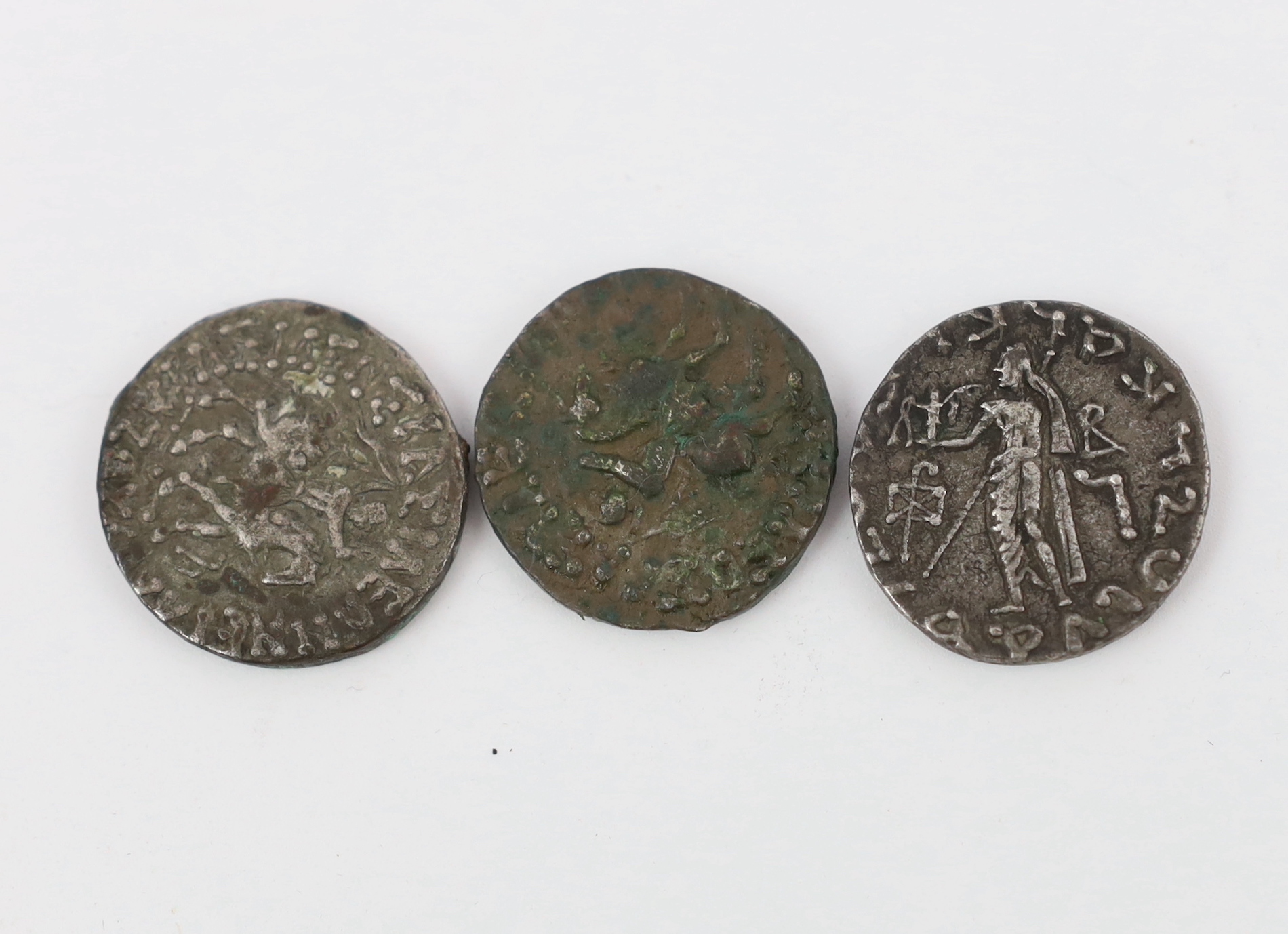 Indo-Scythian coins, two AR Tetradrachm, Azes II (35-12BC), 9.47 and 9.63g and Azes I tetradrachm, 9.48g (3)
